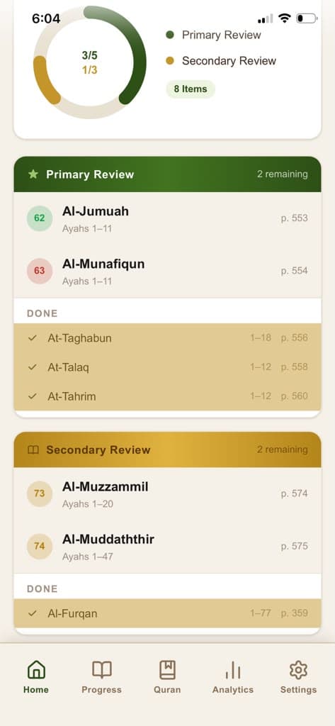 The review list with several items checked off and moved to a Done section