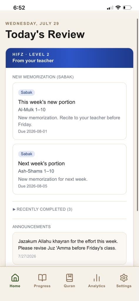 A student's home screen with a From your teacher panel of Sabak assignments above their own review