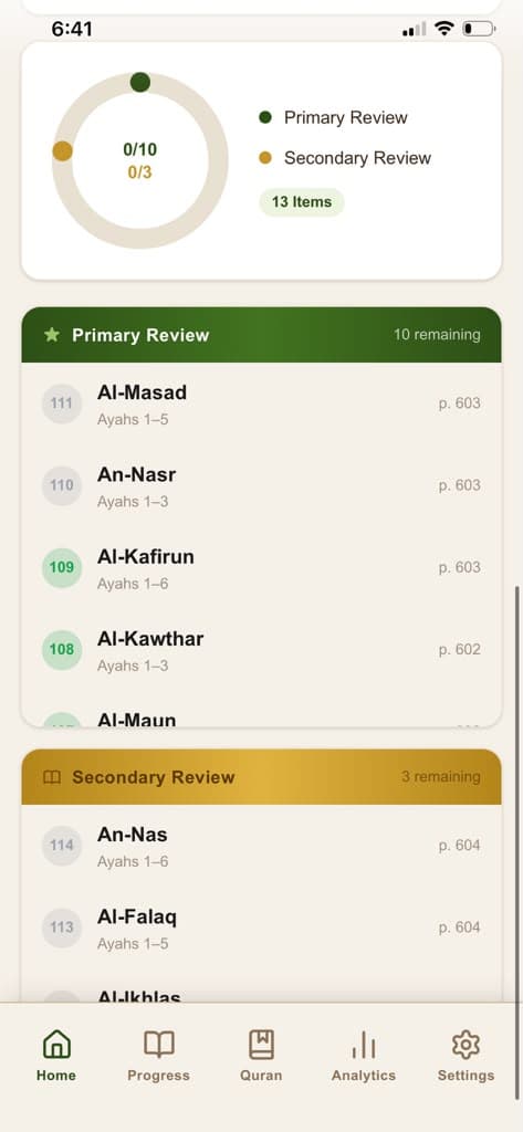 The student's own review queue, with primary and secondary review lists