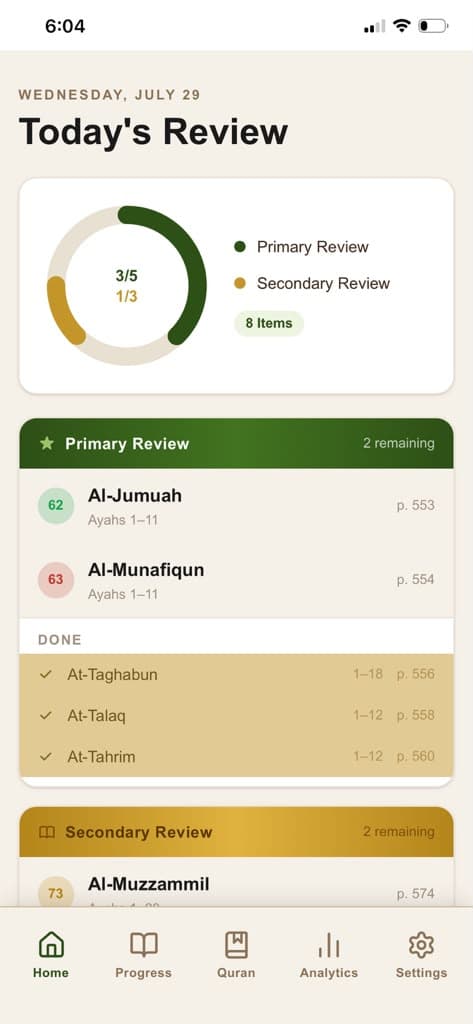 Today's Review: a progress ring over the day's primary and secondary review lists