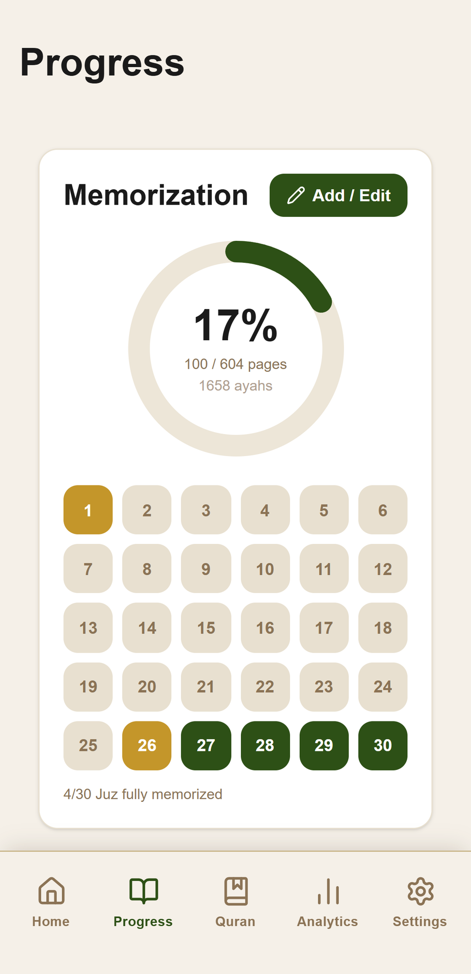Progress screen showing percentage of the Qur'an memorized and a grid of the 30 juz