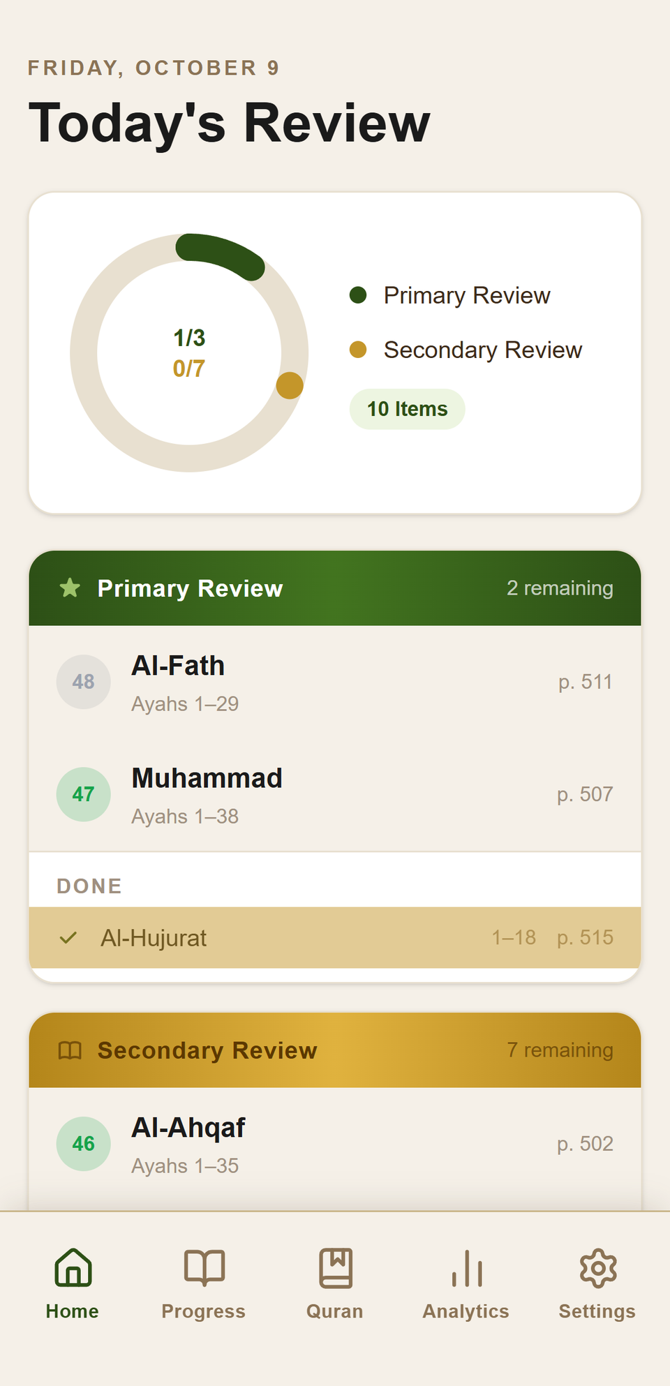 Today's Review: a progress ring over the day's primary and secondary review lists